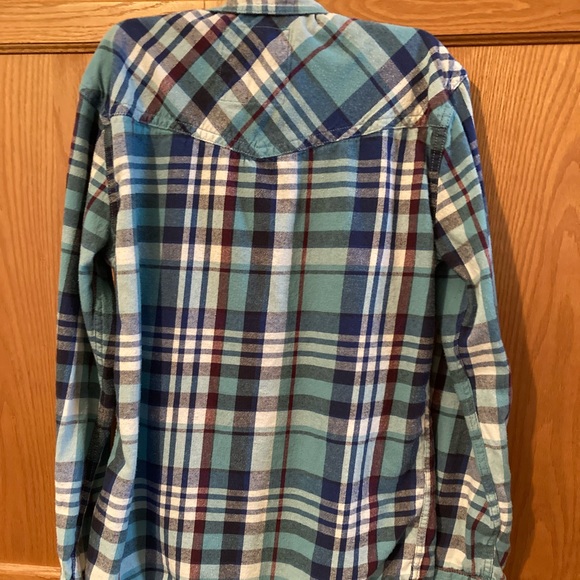 ROEBUCK & Co flannel shirt. Blue Turq Burgundy & White Pearl snaps Size Small - Picture 6 of 6